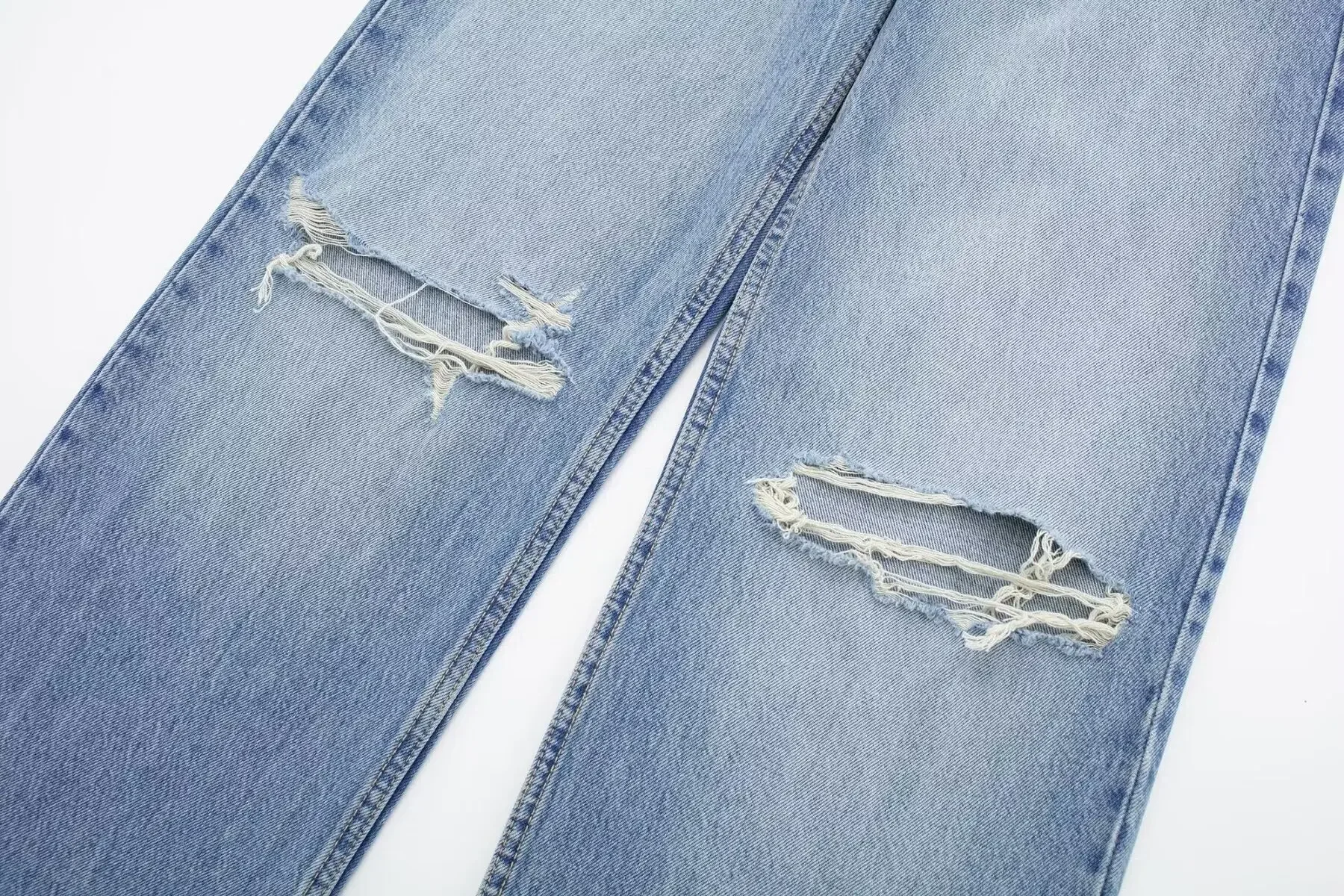 Jeans de perna larga feminino com buracos, calça jeans feminina, chique e versátil, cintura alta, zíper, retrô, novo, 24