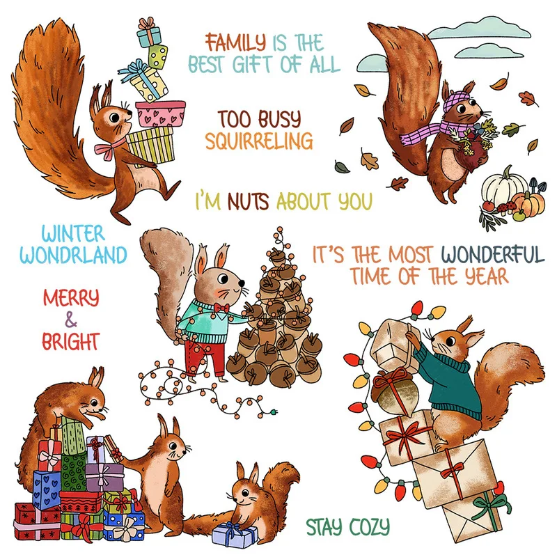 Christmas Squirrel Gift Pumpkin Maple Leaf Cartoon Pattern Clear Stamp Scrapbooking Card Making DIY Craft Album Decor Gift
