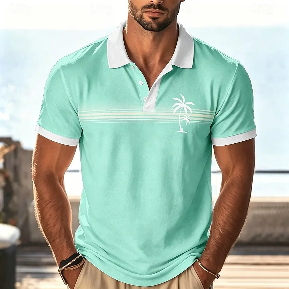 Men's Mint Green Palm Tree Stripe Print Polo Shirt, Casual Tops For Spring Summer Daily Wear & Vacation Occasions