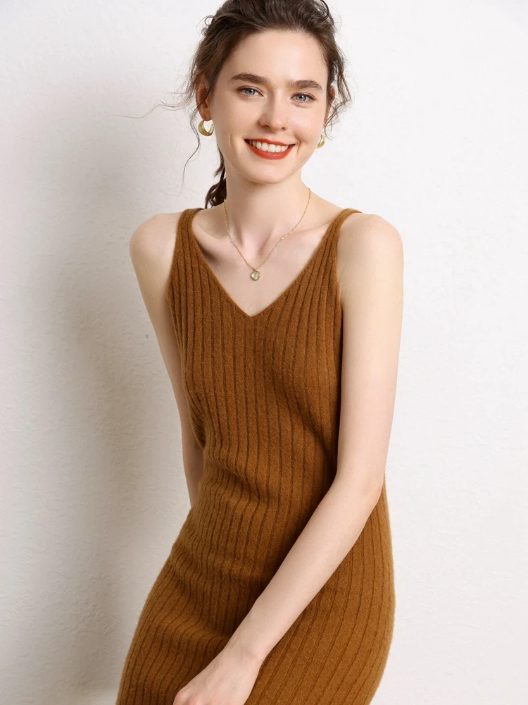 

2025 New Chic Sleeveless Vest Women's Sexy Spaghetti Strap Long Dress 100% Cashmere Knitwear Autumn Winter Slim Fit Soft Sweater