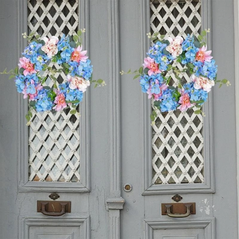 2024 Spring Blue Pink White Embroidery Flower Wreath Simulation Floral Decor 15UB