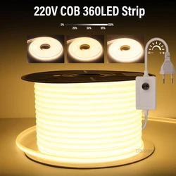 COB LED Strip Light com interruptor e poder regulável, EU Plug, fita FOB de jardim ao ar livre, iluminação de quarto e cozinha, 360LEDs/m, 3000k, 6000k, 220V, RA90