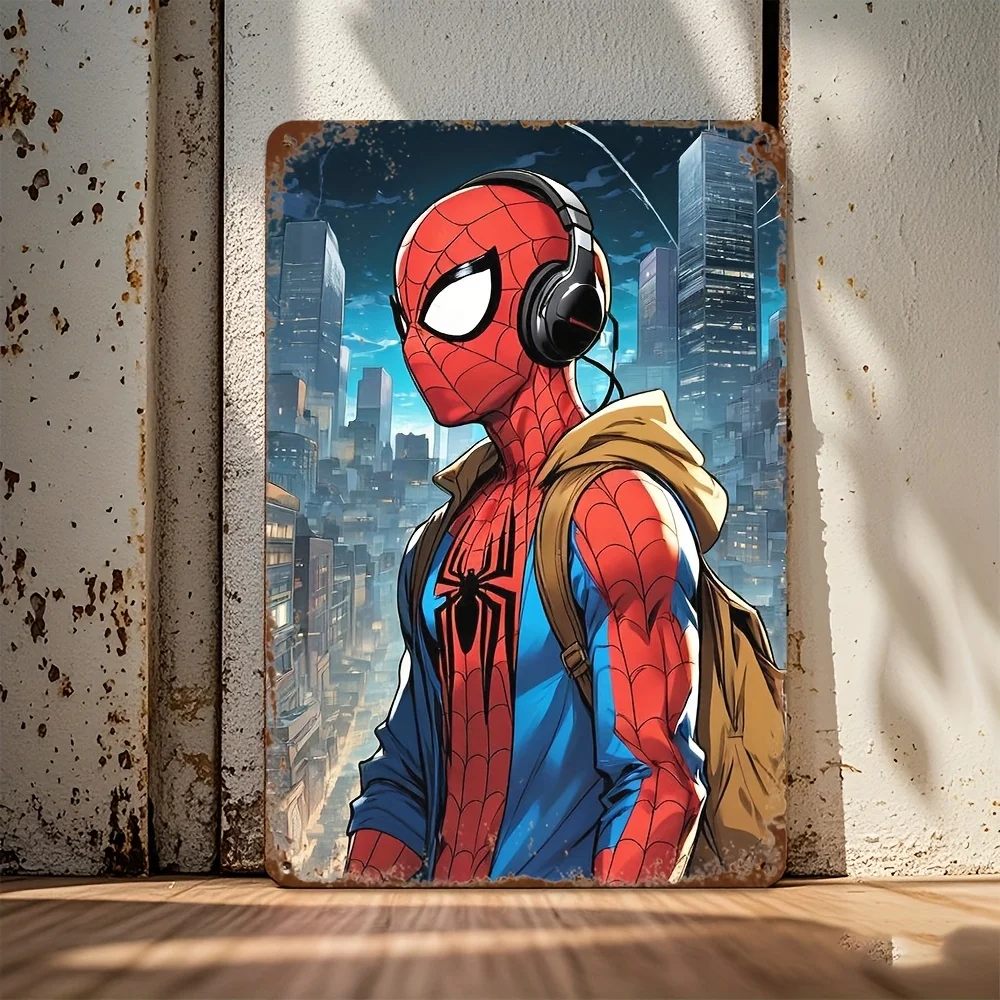 Vintage Cool Streetwear Spider‑Man With Headphones City View Metal Tin Sign Retro Marvel 2D Flat Wall Art Decor for Man Cave Bar
