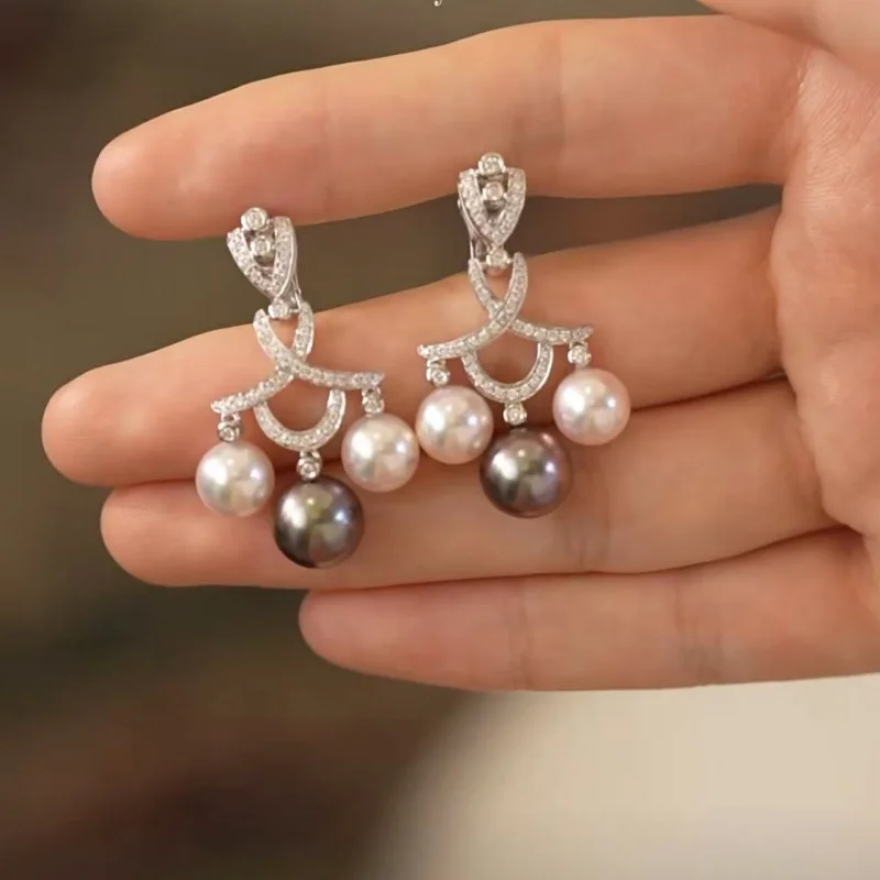 New Korean Creative Zircon Set Two Tone Pearl Pendant Earrings, Women's Tassel Geometric Autumn/Winter Luxury Jewelry