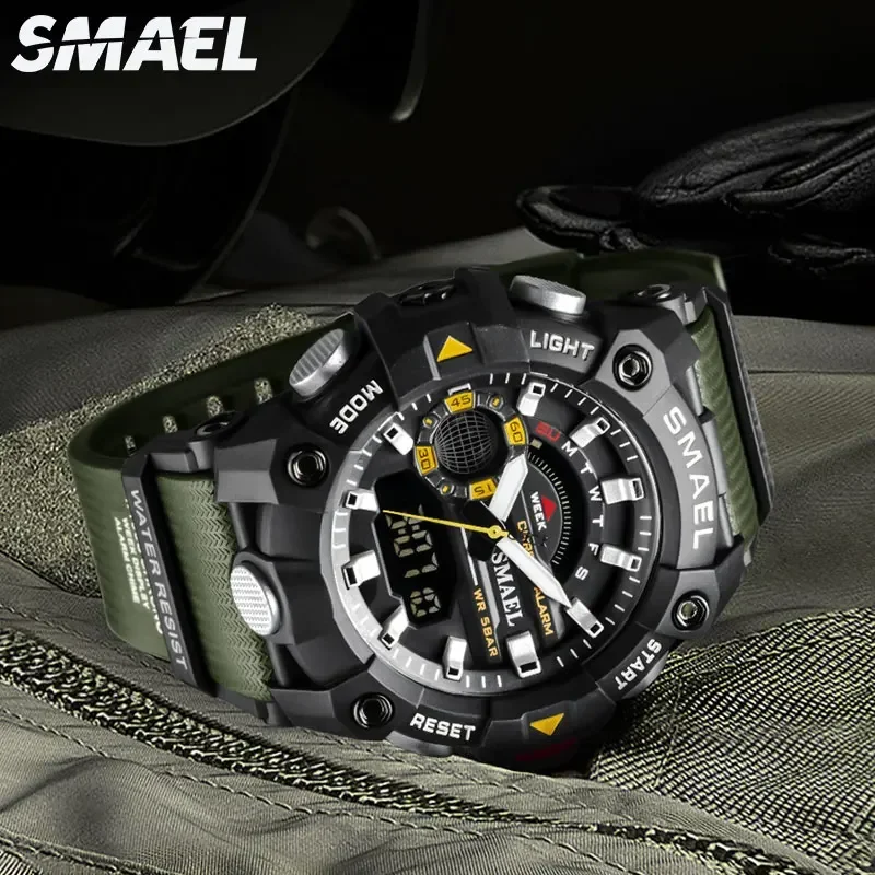 SMAEL-Reloj de pulsera deportivo para hombre, cronógrafo Digital con luz LED y alarma, resistente al agua hasta 50M, 8040