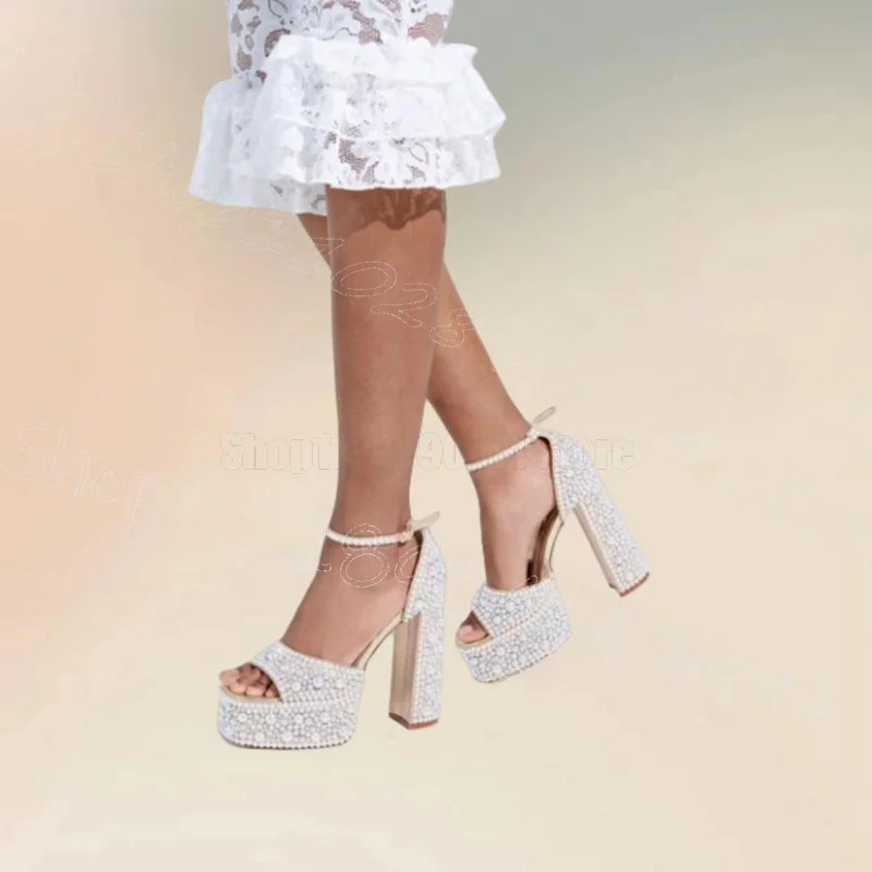 White Pearl Decor Open Toe Platform Sandals Buckle Strap Women Shoes Chunky High Heels Party Banquet 2025 Zapatos Para Mujere