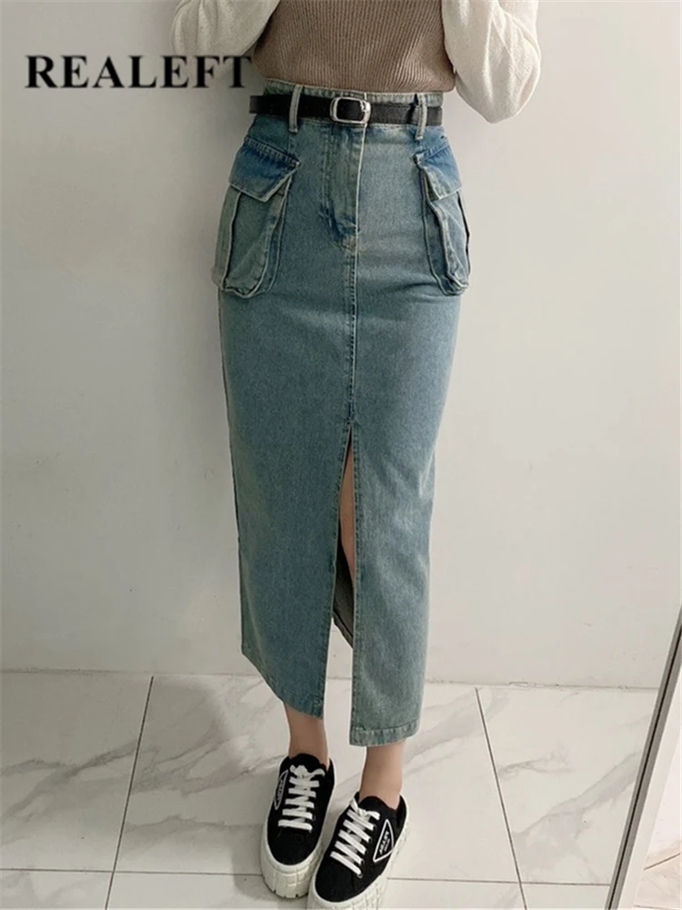 

REALEFT Summer Front Split Women's Denim Long Wrap Cargo Skirts 2023 New High Waist Spring Casual Jeans Skirts Pockets Female