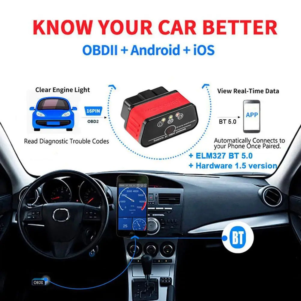 KW903 ELM327 V1.5 Bluetooth 5.0 OBD2 Scanner for Android/IOS OBD 2 Car Diagnostic Tool Code Reader pk Vgate ICAR2 ICAR 2