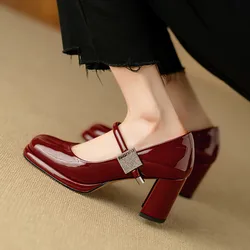 Wine Red Patent Leather Women Pumps Shallow Mary Jeans Wedding Shoes Platform Crystal Buckle Strap Square High Heels Zapatillas