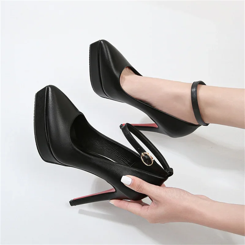 2023 Women Stripper 12cm High Heels 3cm Platform Stiletto Pumps Red Bottom Nighclub Heels Lady Fetish Black Leather Strap Shoes