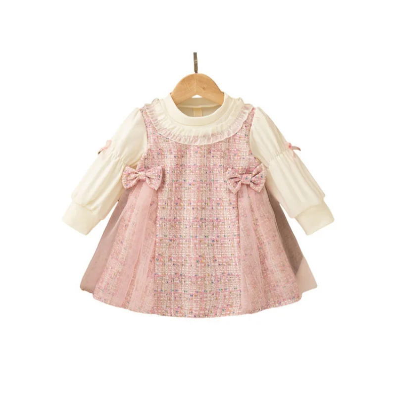 Girls Princess Spring and Autumn New Dress Children Little Girl Dress Fashionable Baby Girl Tulle Dress Fake Two-Piece Dress