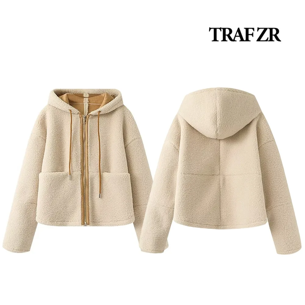 TRAF ZR New in Fashion Women 2024 Cozy Outerwears Comfy Faux Shearling Jacket with Adjustable Drawstring Hood and Long Sleeves