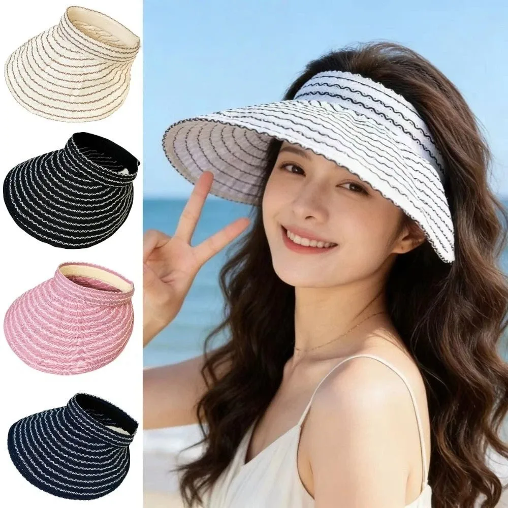 Wide Brim Women's Stripe Sun Hat Empty Top Folding Headband Sun Visor Hat Quick-drying UV Protection Bucket Hat Summer Outdoor