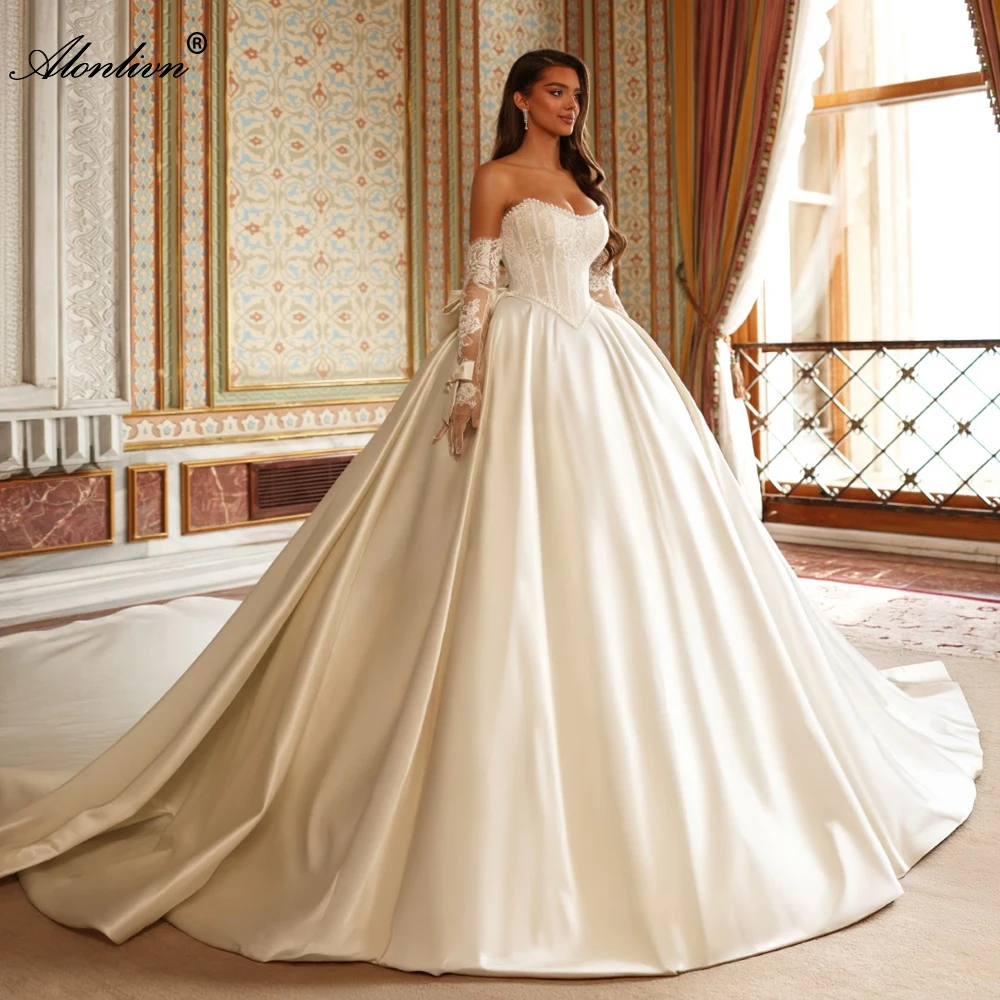 Alonlivn Custom Made Luxury Satin Ball Gown Wedding Dresses Removable Sleeves Beaded Pearls Lace Boat Neck Princess Bridal Gowns