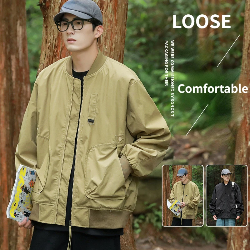 Spring Khaki Coat Mens Baseball Uniform Loose Khaki Black Casual Workwear Jacket Oversize Boys Bomber Zipper Jacket M-8XL