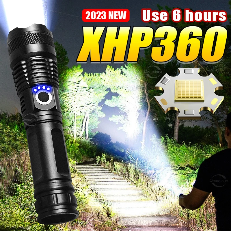 Ultra Bright XHP360 LED Flashlight High Power Flash Light Type-C Rechargeable Lamp Telescopic Zoom Torch Outdoor Camping Lantern