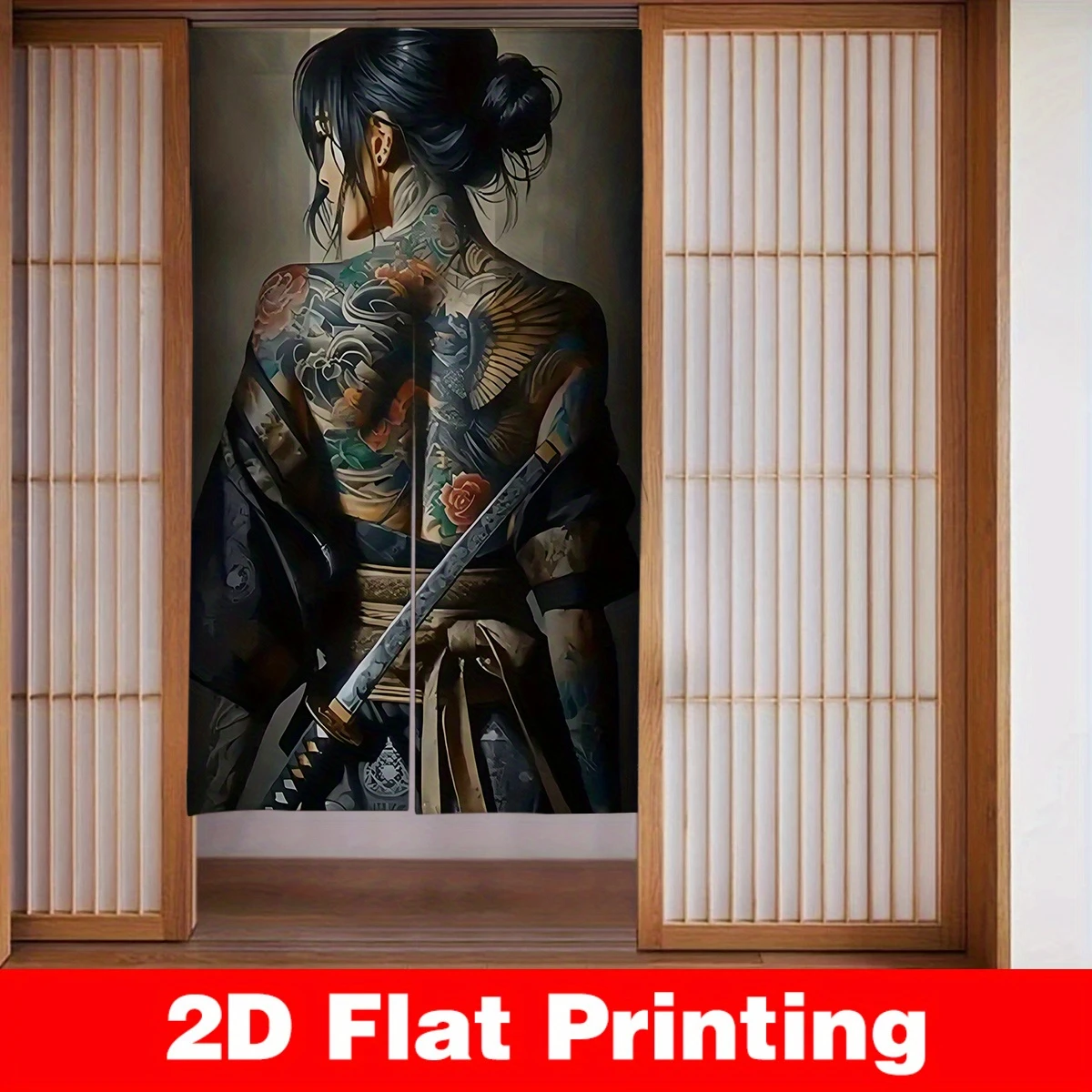 VIKAMA Full Back Tattoo Samurai Noren Curtain Japanese Half Door Bedroom Tattoo Shop Partition Wall Decor