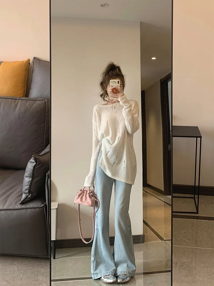 Beige O-Neck Loose Knitted Sweater Autumn Women Long Sleeve Ripped Hole Design Tops American Style High Street Gyaru Pullover