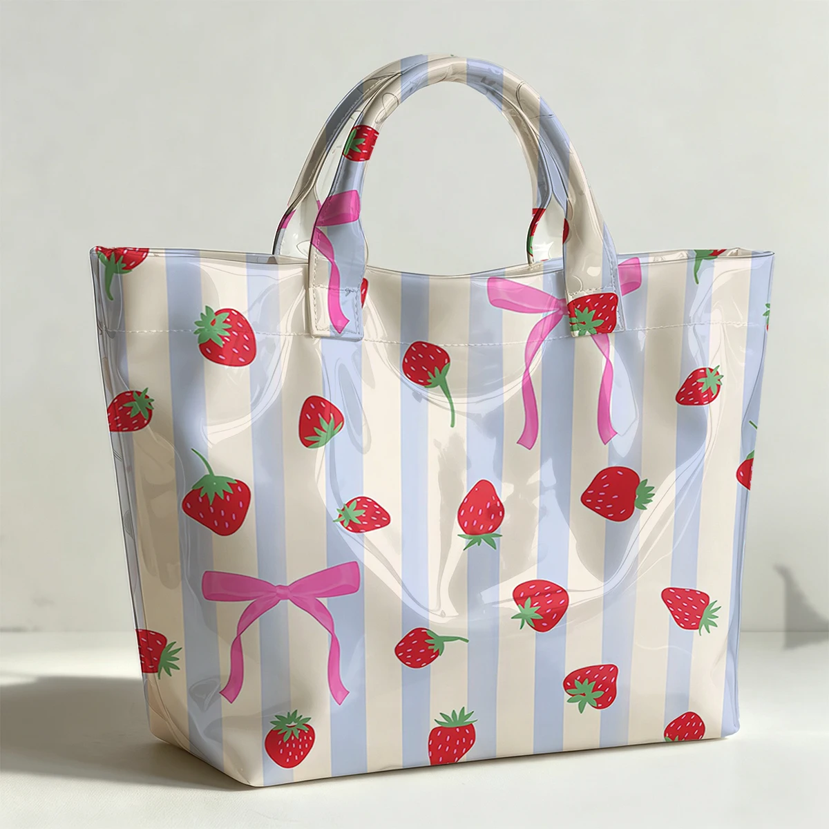 Mint Strawberry Stripe PVC Tote Bag Waterproof Transparent Jelly Bag Beach Bag Tote Pouch Bow Handbags Storage Bag