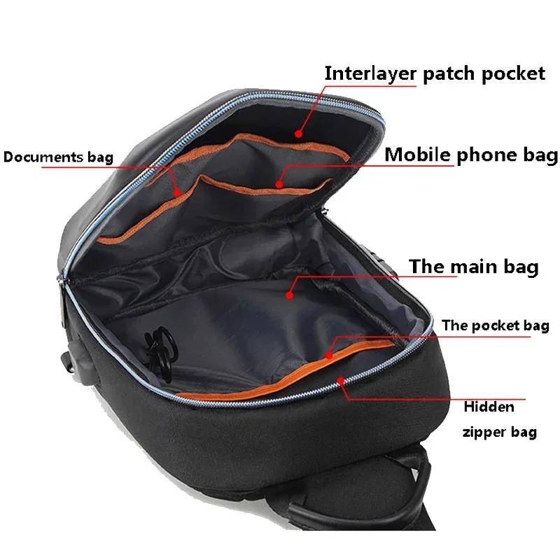 Sacs de poitrine antivol multifonctions en PVC pour hommes, bandoulière de sport, sac de messager de voyage, sac décontracté pour homme, initié par USB