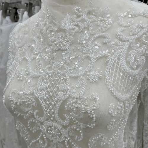 Tela de encaje bordado con cuentas de lentejuelas de lujo, adecuada para vestido de novia personalizado privado, diseño de vestido de tela de encaje