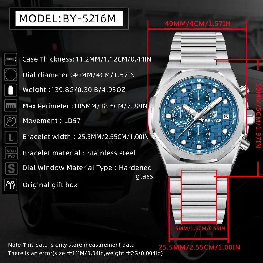 Benyar Multifunctional Men's Quartz Watch Stainless Steel Strap Alloy Case Chronometer 30M Waterproof Luminous Wristwatch
