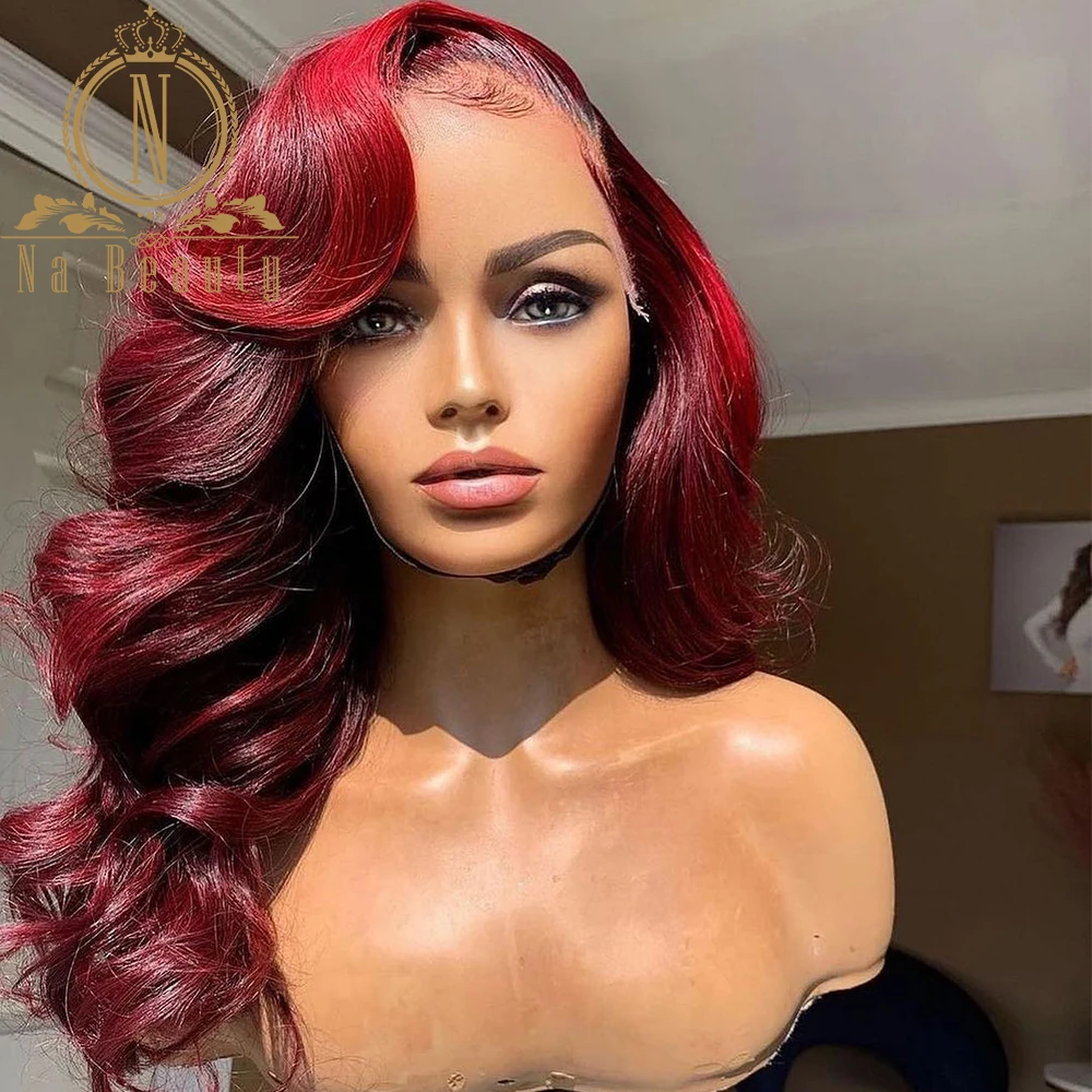 180 Density 13x4 Lace Front Human Hair Wigs Brazilian Body Wave 99 J Burgundy Red Color Front Wig Pre Plucked Human