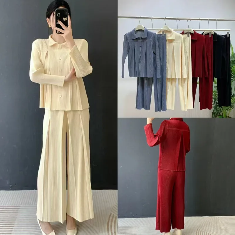 Miyake Geplooide Broek Set 2025 Winter Nieuwe Plooien Pak Set Vest + Casual Rechte Broek Plisse 2 Delige Set Vrouwen Slanke Effect