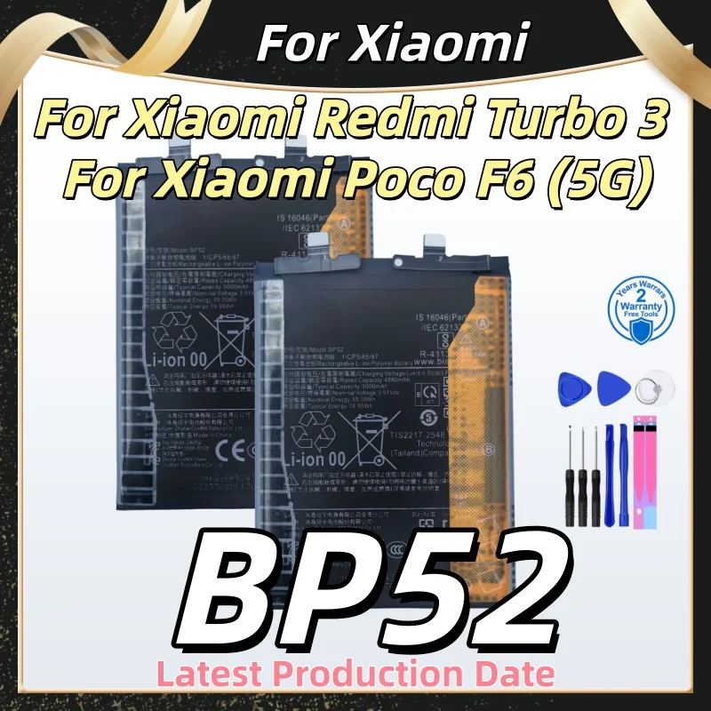 New BP52 Mobile Phone Battery 5000mAh 3.91V For Xiaomi Redmi Turbo 3/Poco F6 5G Rechargeable Battery+Tools