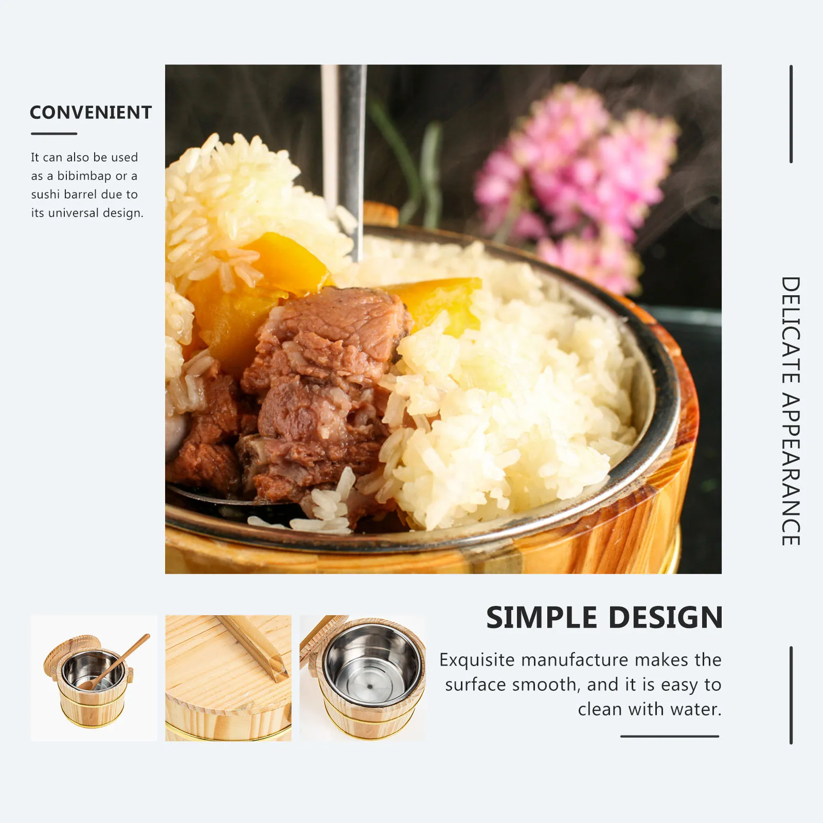 

Wooden Rice Bucket Sushi Mixing Smooth Surface Compact Design Light Weight Food Container Lidded Tub Sushi Rice Bowl Wood Bowl