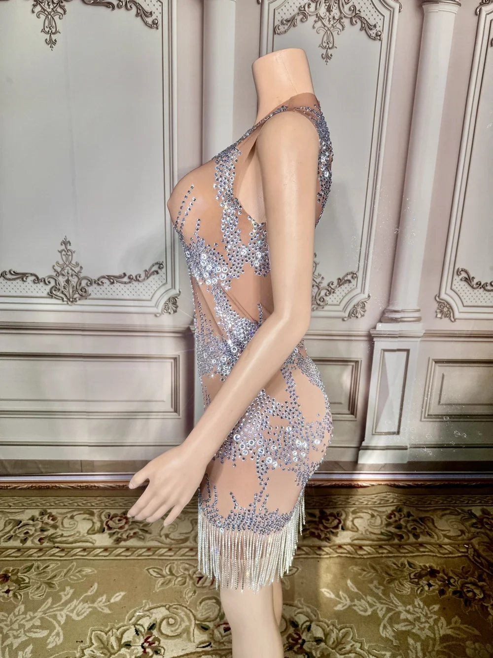 Sparkly Rhinestones Short Dress Sexy Mesh Transparent Evening Party Birthday Dress Singer Show Stage Wear Performance Costume