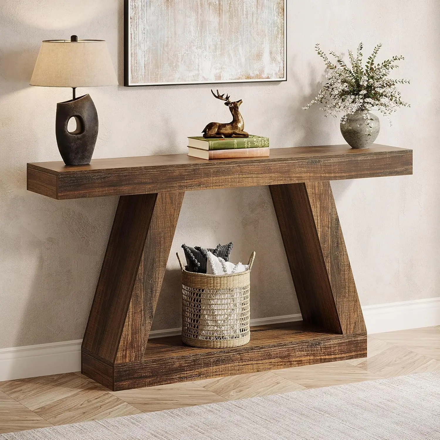 Farmhouse Console Table, 55-Inch Rustic Sofa Table with Storage, Industrial Wooden Entryway Table for Hallway, Living Room, Dark