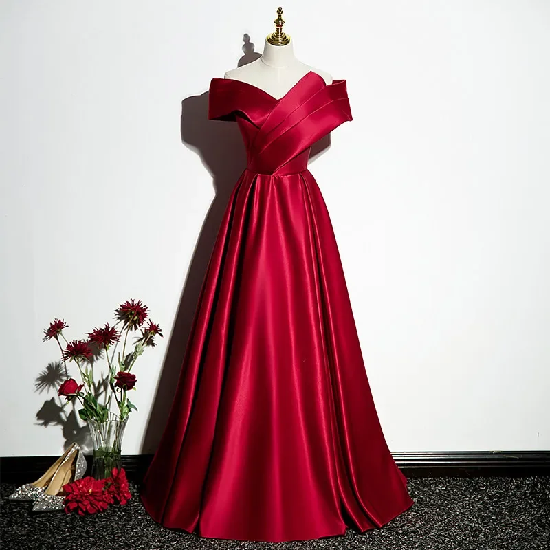 

Customized Evening Dress Wine Red Pleat Off the Shoulder Lace Up A-Line Floor Length Plus size Woman Party Formal Gown B2058