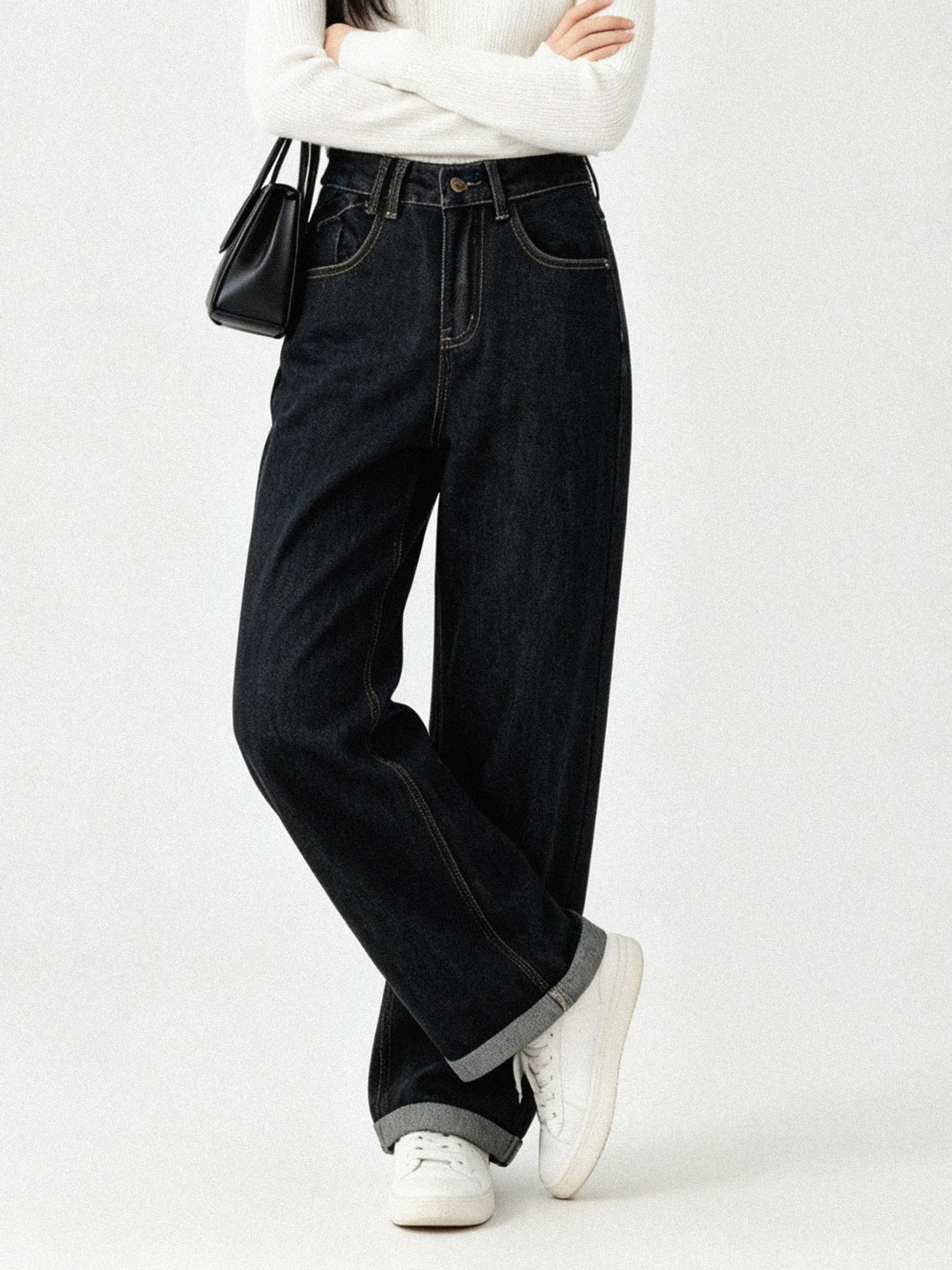 High Waist Straight Leg Dark Wash Denim Jeans Women's Vintage Slim Fit Turn up Pants Korean Style Casual High Quality Fabric