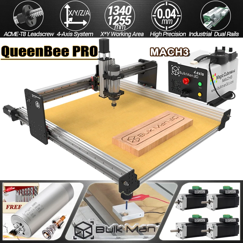 BulkMan3D QueenBee PRO CNC Machine Kit Mach3 Control HGR Linear Ball Screws for Metal Wood Engraving Cutting Milling Free Tools