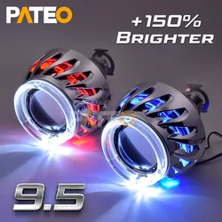 2.5 inch H1 H4 H7 HID Bi-xenon Ver 9.5 Car Headlight Projector Lens Metal Double LED Optical Turbine Angel Eyes Halo Rings Retro