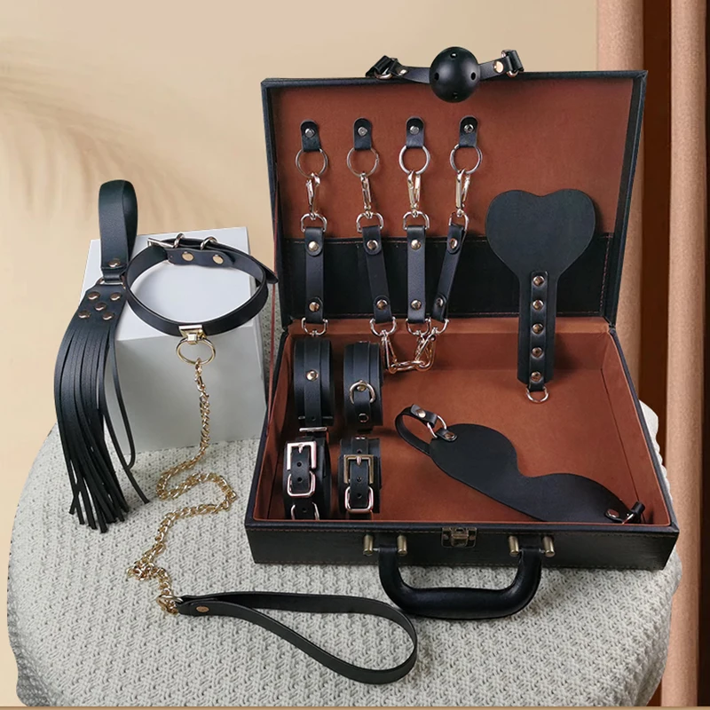 BDSM Bondage Kits Genuine Leather Restraint Set Handcuffs Whip Rope Collar Gag Vibrators Sex Toys For Women Couples Adult Games