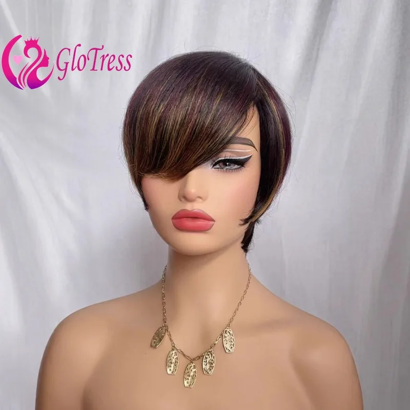 プレミアムカラー人毛ストレートピクシーカットショートウィッグ女性用6インチブラジル産レミーヘアフルマシンウィッグカラー1b-30-99
