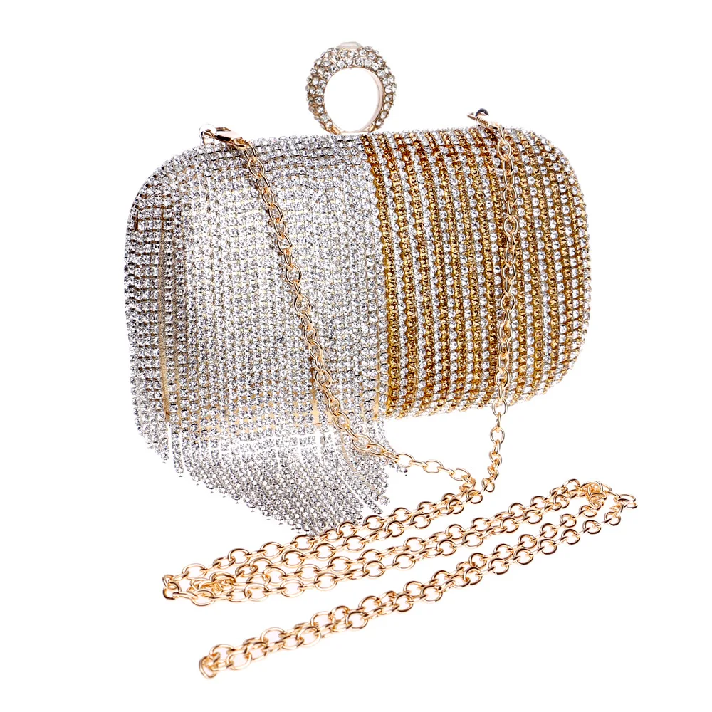 Ladies Evening Clutch Bag Sparkly Rhinestone Bridal Wedding Party Dress Purse Chain Shoulder Handbag Diamond Tassels Ring Bags