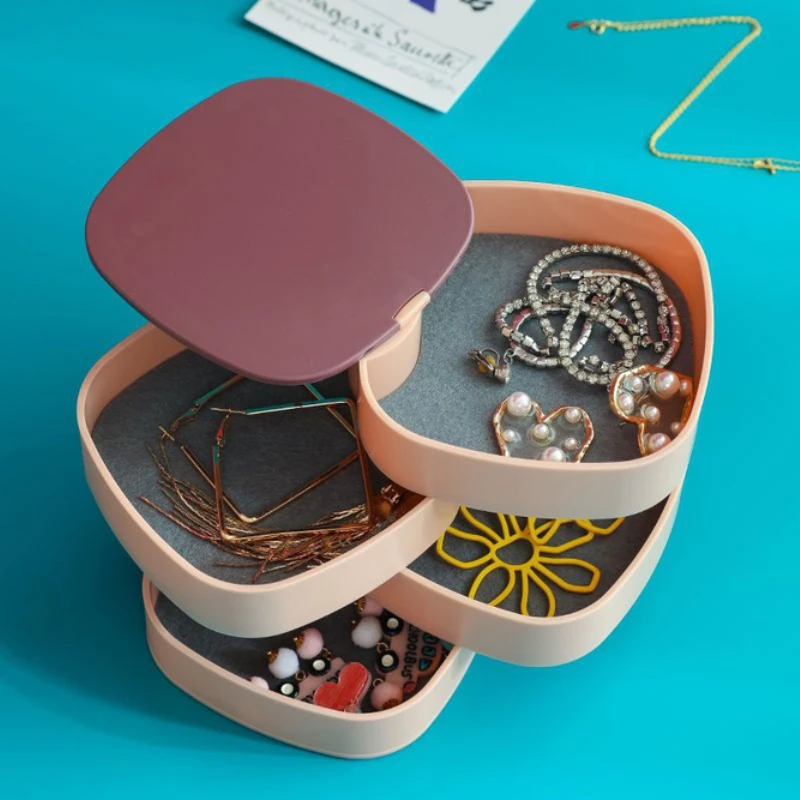 Mirror-equipped Jewelry Box with Multiple Layers Exquisite and Rotatable Rings Earrings and Jewelry Storage Compartments