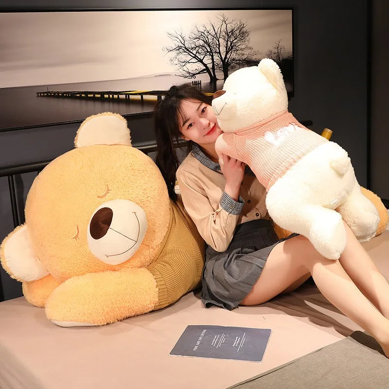 80/100CM Lovely Giant Size Lying Teddy Plush Toys Soft Sweater Bear Plush Pillow Stuffed Animal Dolls Kids Baby Christmas Gifts