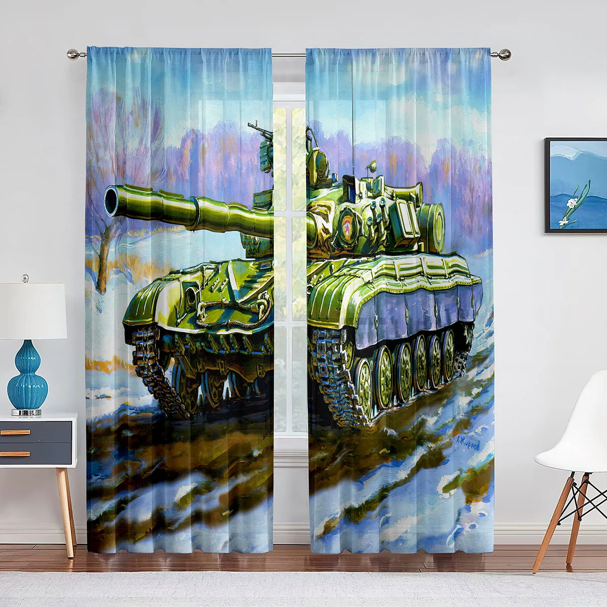 Green Tank Cannon Army Car Tulle Curtains for Living Room Boys Bedroom Decor Chiffon Sheer Voile Kitchen Window Curtain Drapes