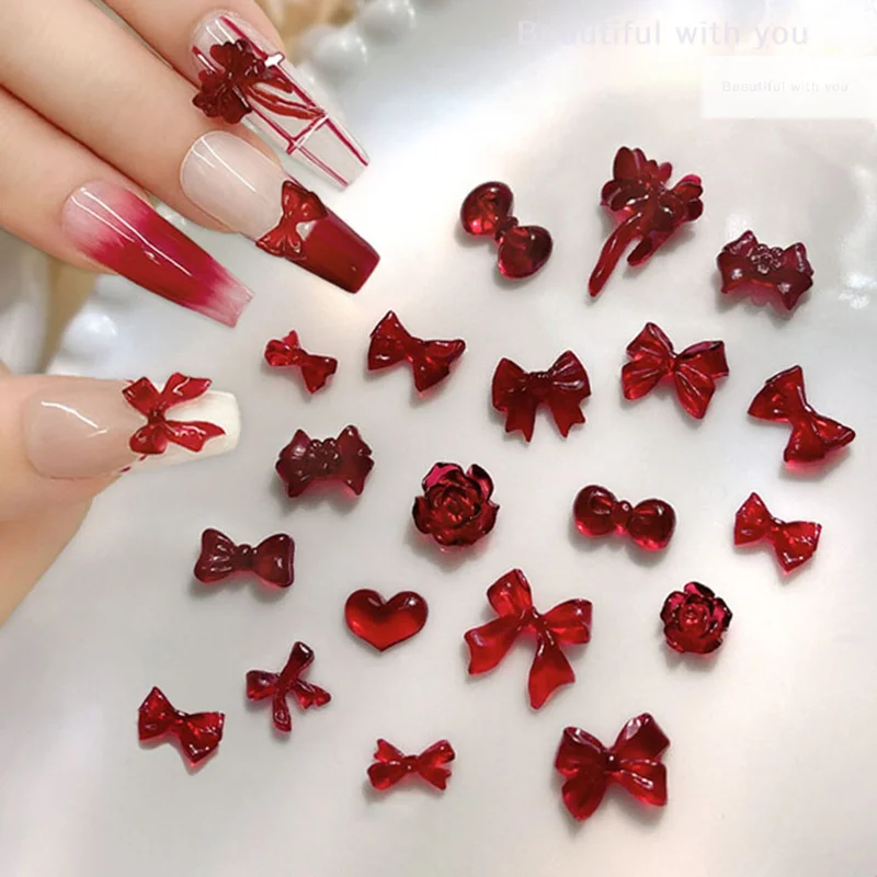 

50pcs Wine Red Resin Bow Nail Charm Bulk 3D Ribbon Bowknot Mini Kawaii Nail Art Accessories DIY Cute Nails Decorations Salon