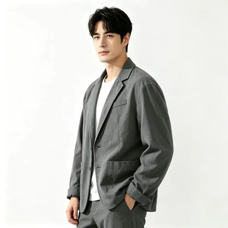 Herren-Blazer aus lockerer 100% Baumwolle, einreihige, lässige Anzugjacke mit Revers, atmungsaktiver, einfarbiger Mantel für den täglichen Gebrauch, für die Straße und den Urlaub. – Detail 3
