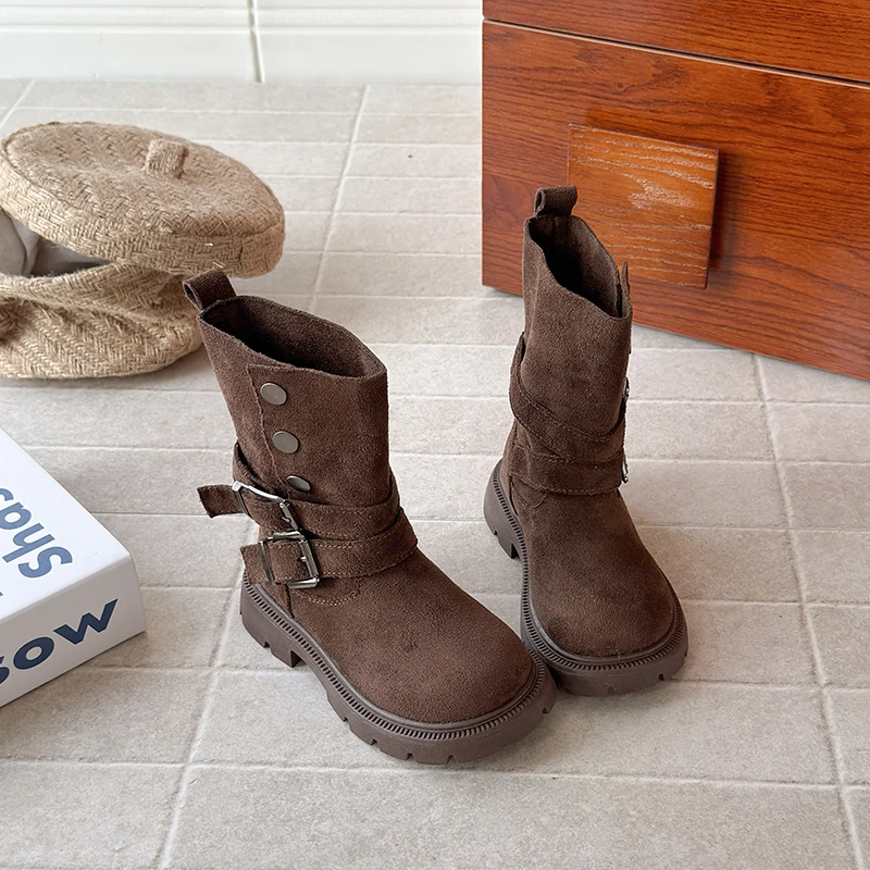 Latest Children Fashion High-quality Autumn Winter Casual Low Heel Mid-calf Motorcycle Girls Belt Buckle Short Boots Kids Boots