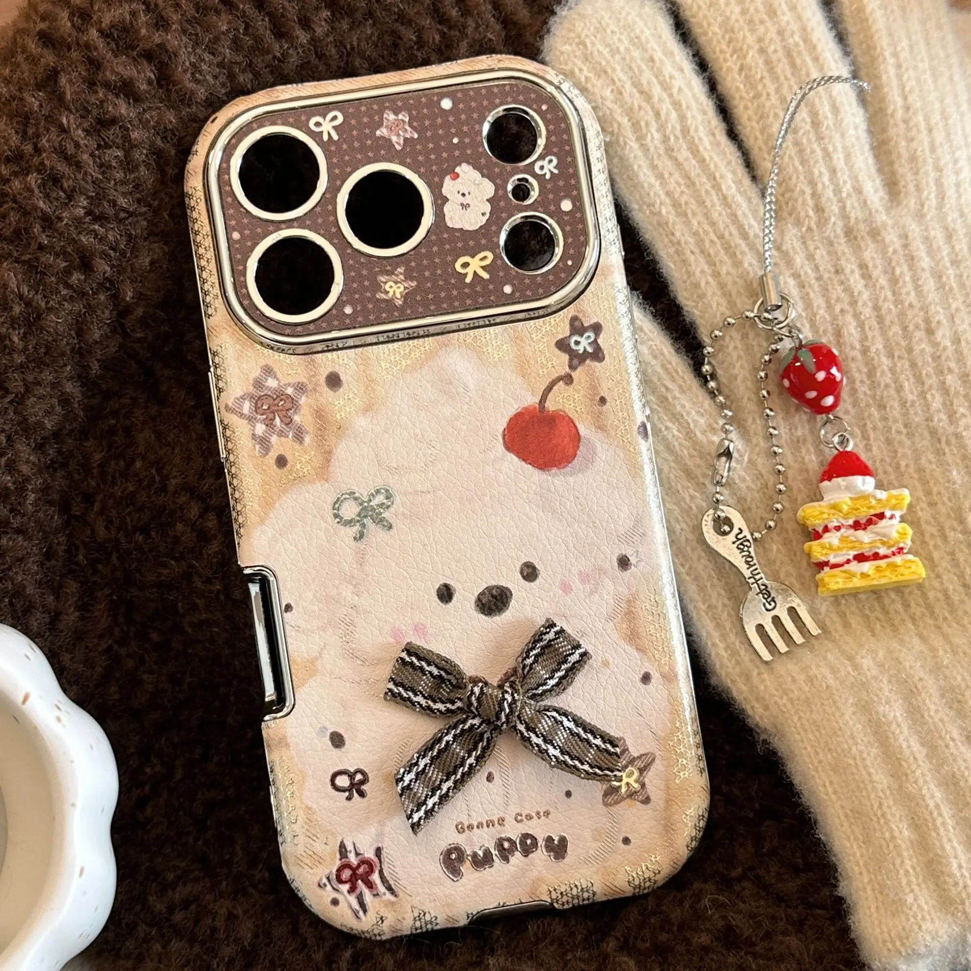 Koreanische Cartoon Welpen Bogen Leder Textur Telefon Fall Für iPhone 17 16 15 14 13 12 11 Pro max Mit Kuchen Anhänger Stoßfest Abdeckung