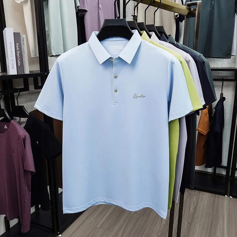 TFETTERS T-shirt Men 2026 Summer Silk Blend Cooling Smooth Lapel Collar Short Sleeve Solid Color Business Work T Shirt for Man