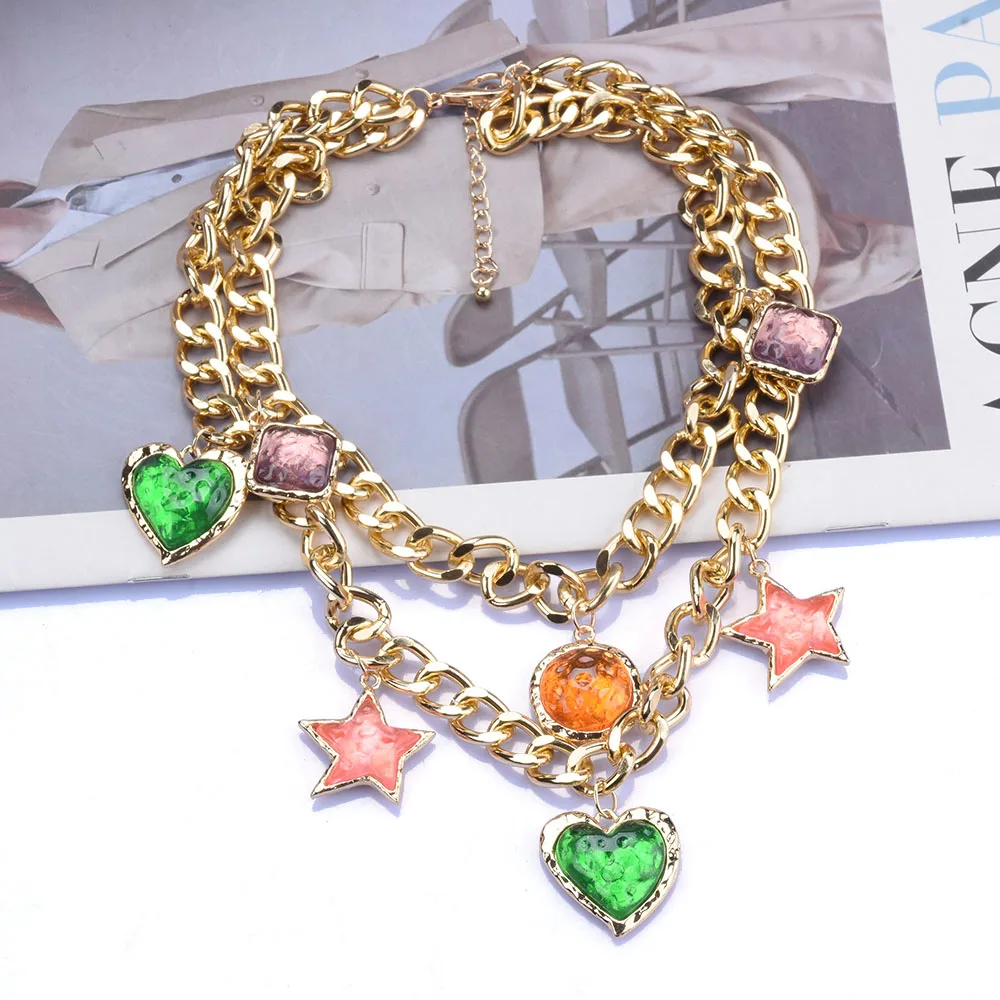 2024 New ZA Golden Metal Chains Link Choker Necklace With Charm Heart Star Pentants For Women Jewelry Vintage Statement Necklace