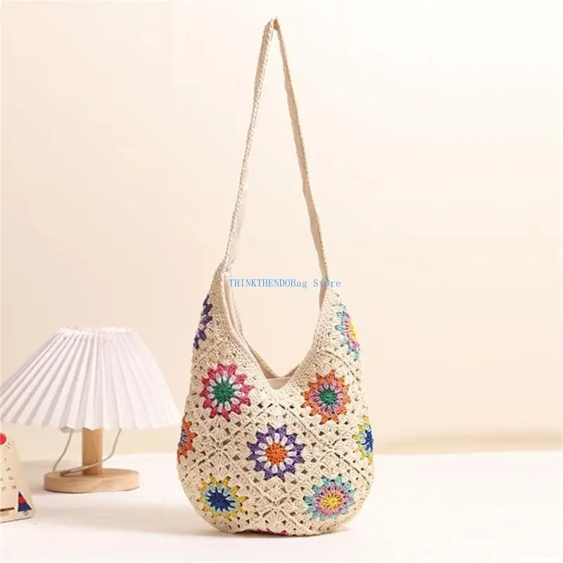 

63HC All-matching Handbag for Women Knitted Shoulder Bag Colorful Flowers Crossbody Bag Female Crochet Beach Bag