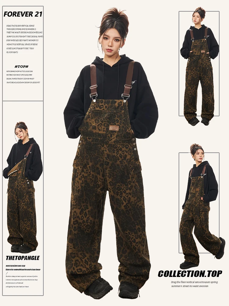 Women's Vintage Leopard Jumpsuits Denim Jumpsuit Y2k Harajuku Overalls Korean Streetwear High Waist Wide Jean Pants 90s Clothes